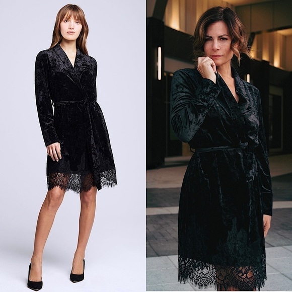 NWT L’AGENCE Velvet Shawl Collar Long Sleeve Lace Trim Hem Wrap Mini Dress XS - Picture 1 of 7